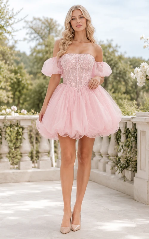 Vestido de cóctel adorable para quinceañera, corto, con hombros descubiertos, mangas abullonadas y bajo burbuja.