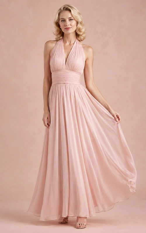 Blush Pink Halter Neck Sleeveless Pleated Floor Length Romantic Dress