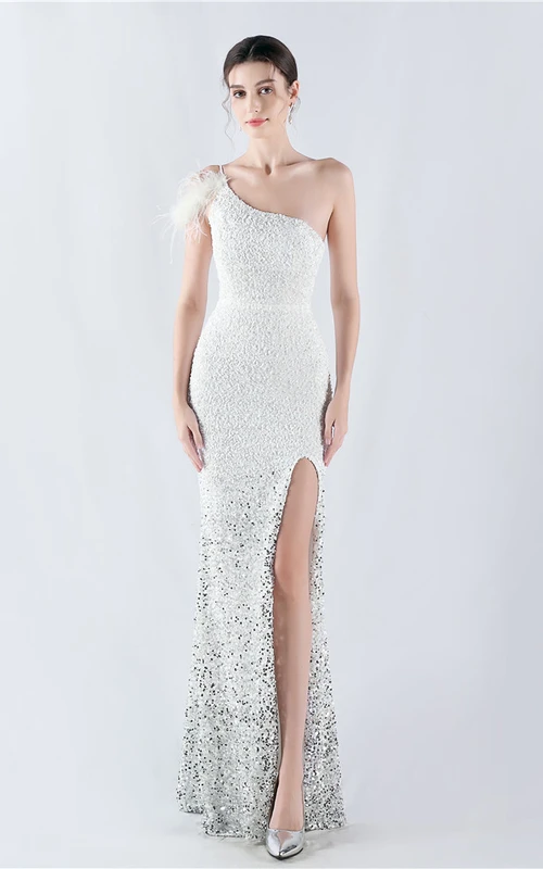 Gradient Velvet Bottom Sequins Craft Beading Ostrich Hair One-Shoulder Oblique Collar High-Slit Evening Dress