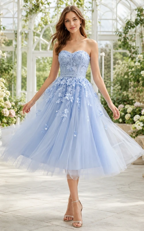 Romantic Sky Blue Strapless Tulle A-Line Tea-length Formal Dress