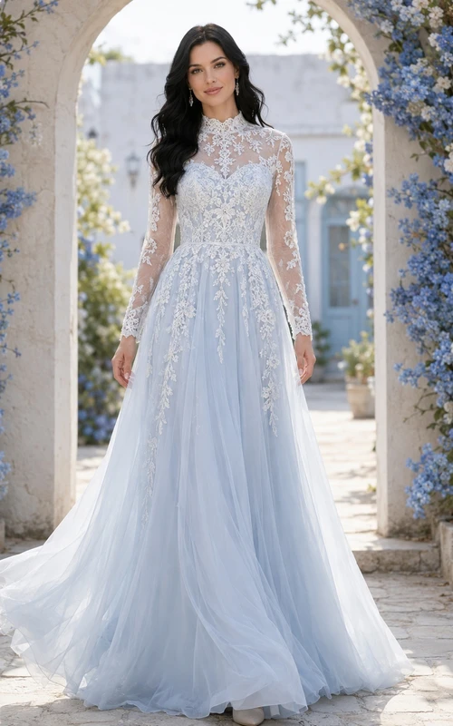 Blaues Brautkleid in A-Linie mit Blumenmuster, Spitze, hohem Kragen, langen Ärmeln und Kathedralenschleppe