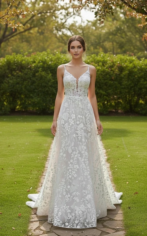 Robe de mariée trapèze en dentelle florale à fines bretelles