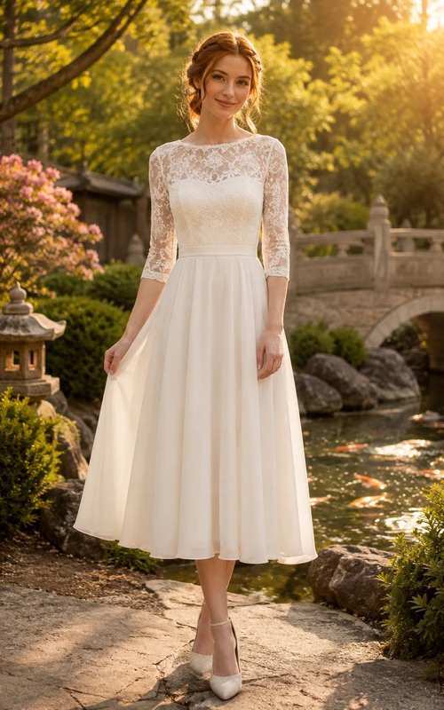 Modest Illusion Lace Three Quarter Sleeve Tea Length Wedding Dress