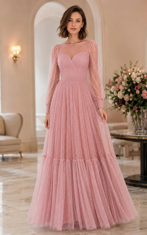 Vestido de noche largo hasta el suelo de tul rosa con escote corazón, mangas largas y volantes