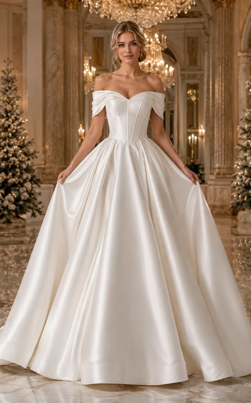 Winter Off Shoulder Satin Ball Gown Wedding Dress