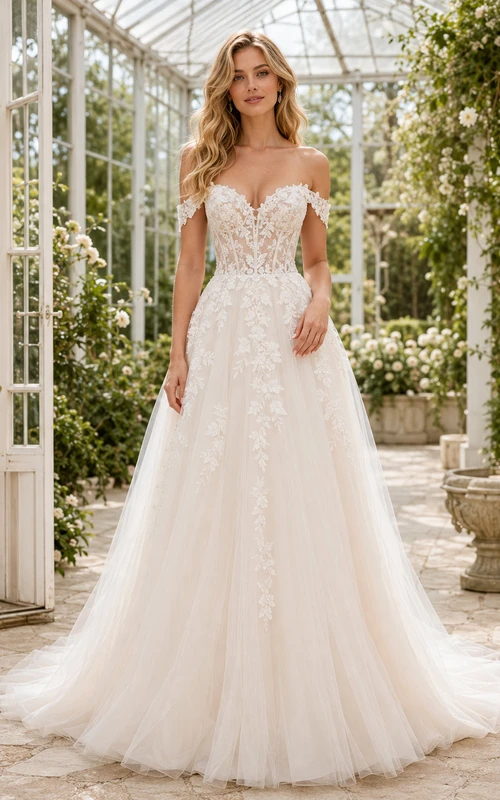 Lace Tulle Wedding Dress A-Line Off Shoulder Short Sleeve Sweep Train Bridal Gown