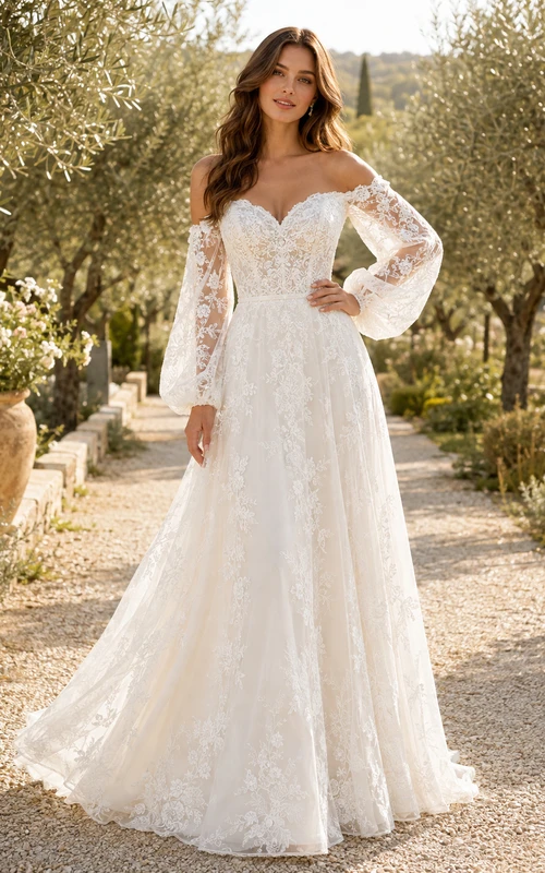 Robe de mariée à épaules dénudées, décolleté en cœur, manches longues illusion, application de dentelle et ourlet balayé