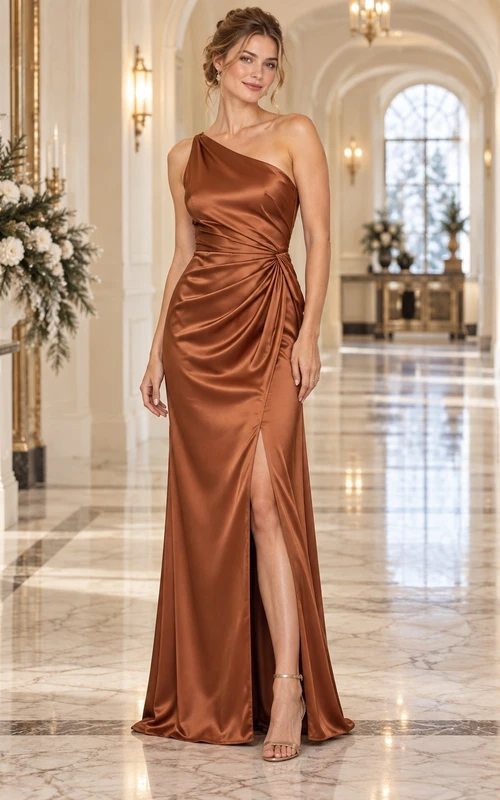 Vestido de dama de honor largo hasta el suelo, asimétrico, fruncido y de satén color cobre con un solo hombro.