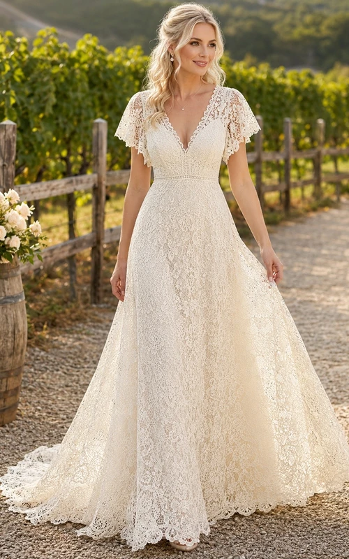 Festliches Brautkleid mit langen Ärmeln, A-Linie, Bolero aus Spitze und Schleppe