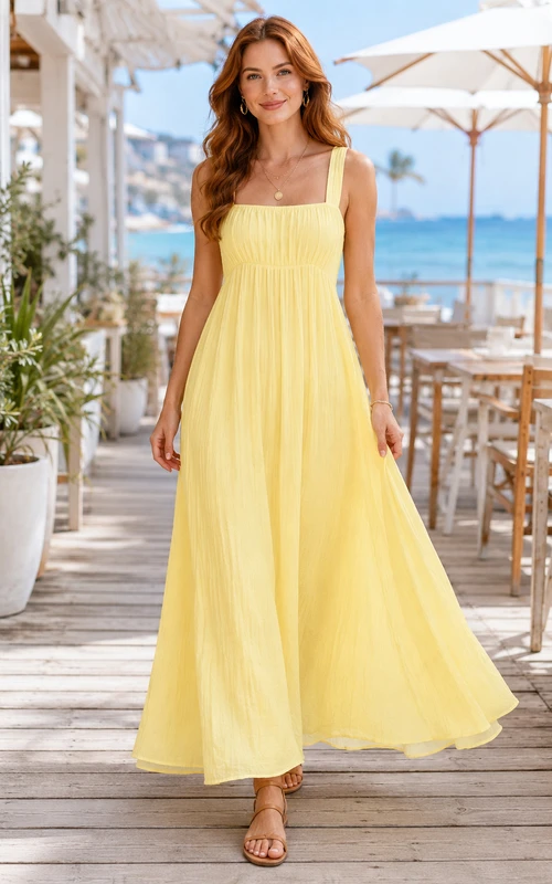 Vestido de invitada de boda color narciso, gasa, corte en A, escote cuadrado, sin mangas, largo hasta los tobillos.