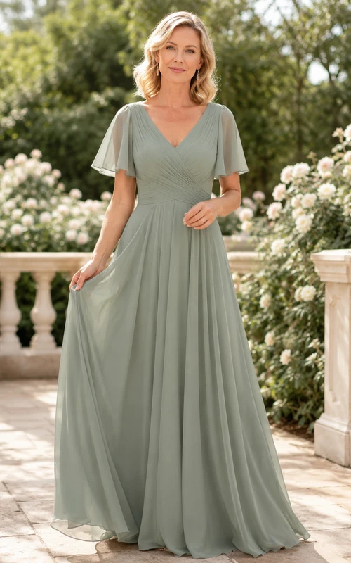 Dusty Sage Floor-Length A-Line Elegant Mother of the Bride Chiffon Gown with V-Neck Flutter Sleeves