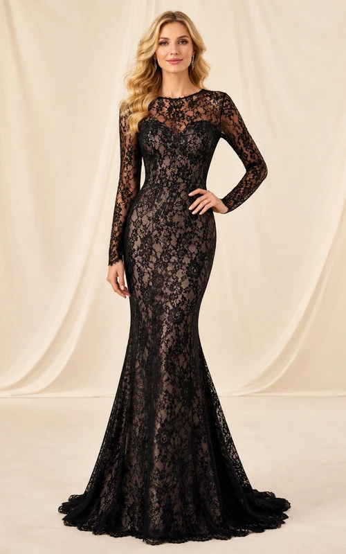 Schwarzes, hochgeschlossenes Abendkleid mit Illusionsspitze, langen Ärmeln und Meerjungfrauenschnitt