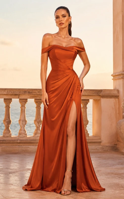 Sexy Burnt Orange Satin Mermaid Floor-Length Off-Shoulder Split Front Dress