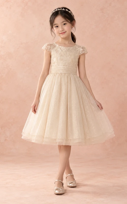 Knee-length Champagne Floral A-line Tulle Lace-bodice Cap-sleeve Pleated-waist Flower Girl Dress