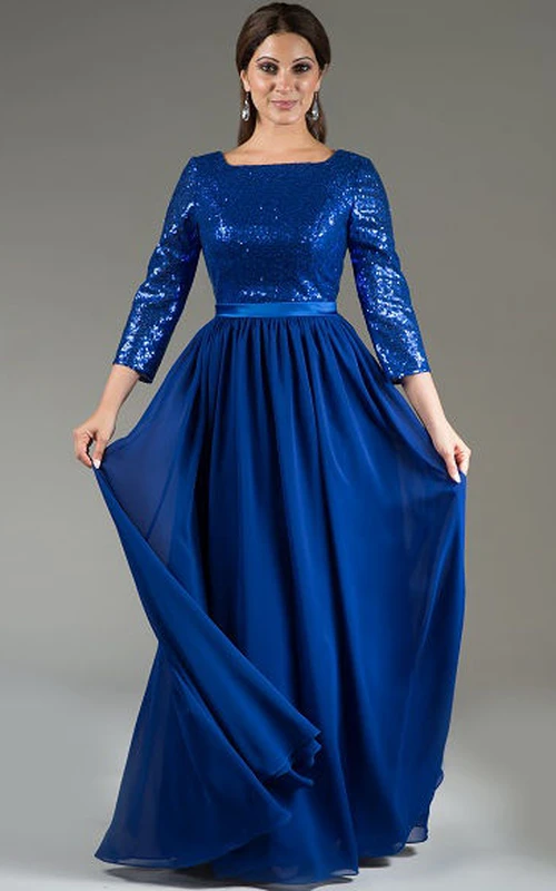 Robe longue en mousseline à sequins, col carré, manches 3-4, ceinture en satin, idéale pour la mère de la mariée.
