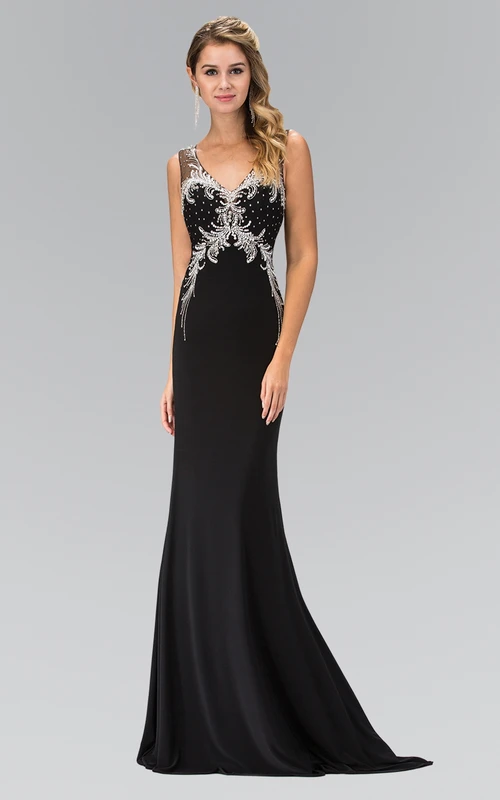 Sheath V-Neck Sleeveless Jersey Illusion Dress With Crystal Detailing