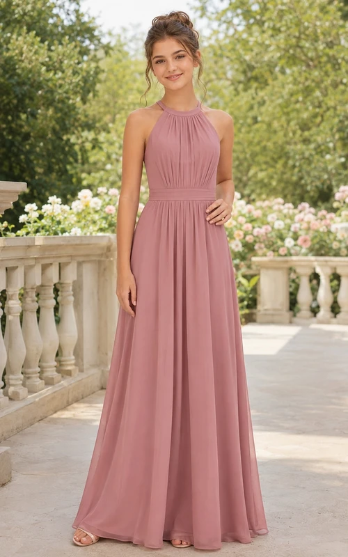 Vestido de dama de honor juvenil color rosa empolvado, corte en A, escote halter, sin mangas.