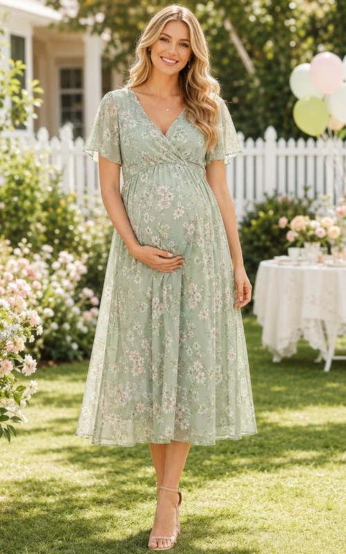 Robe midi de maternité portefeuille en mousseline à manches papillon et col en V, imprimé floral sauge