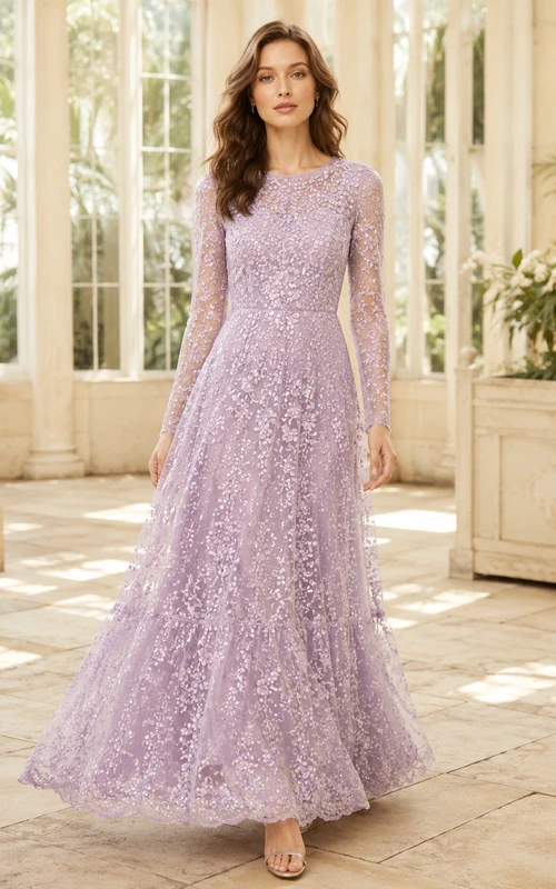 Lavender Lace Long Sleeve Sheath Floor-Length Evening Dress