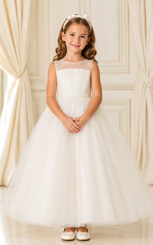 Vestido de niña de las flores, vestido de gala de tul color marfil, cuello cuadrado, largo hasta la rodilla, plisado.