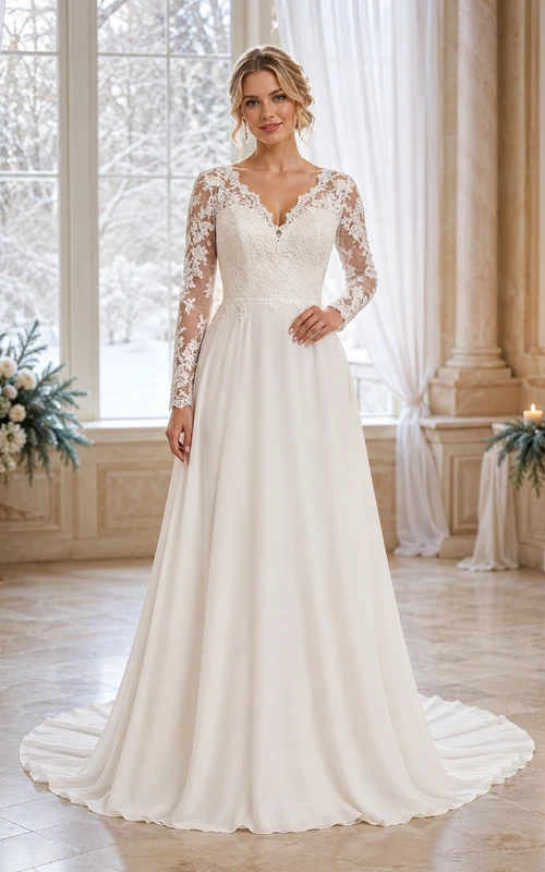 Affordable Long Sleeve Lace V-Neck Chiffon Winter Bridal Gown