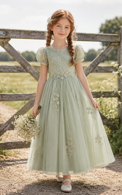 Salbeigrünes Tüll-Blumenmädchenkleid mit floraler Applikation