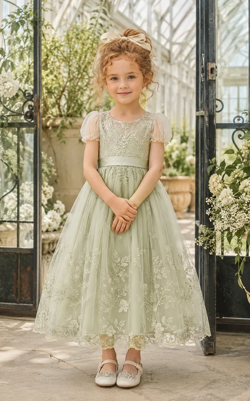 Sage Flower Girl Dress Tea-Length Floral Lace Tulle A-Line Jewel Neck Sheer Puff Sleeve Scalloped Hem