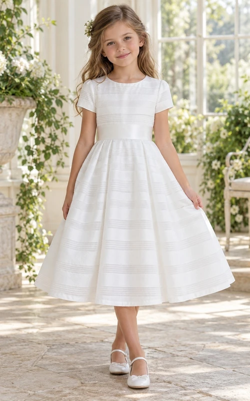 Robe de demoiselle d'honneur simple blanche à bandes, longueur thé