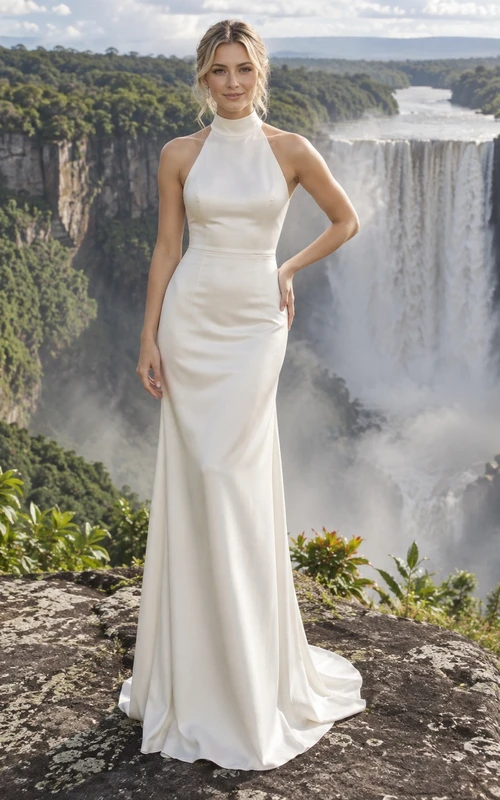 Vestido de novia de satén con cuello halter alto, corpiño liso y cola de corte recto.