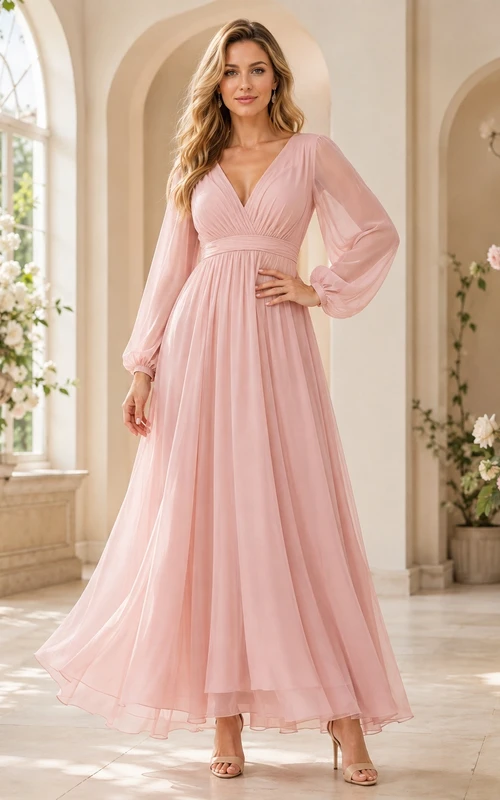 Robe de demoiselle d'honneur longue en mousseline rose poudré, col en V, manches longues plissée, coupe empire, à manches longues.