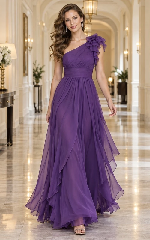Vestido largo de dama de honor de gasa fluida con volantes y un solo hombro, de color morado vintage.