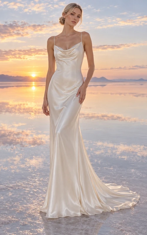 Vestido de novia sencillo de estilo vintage en charmeuse, con tirantes finos y cintura definida.
