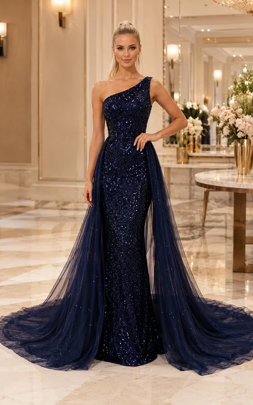 Robe fourreau bleu marine à sequins avec surjupe en tulle