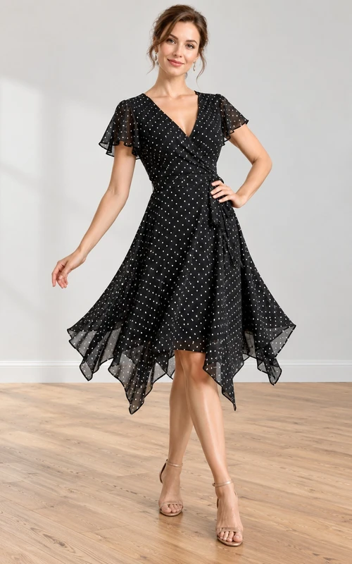 Vintage Black Polka Dot V-neck Flutter Sleeve Asymmetric Cocktail Dance Dress