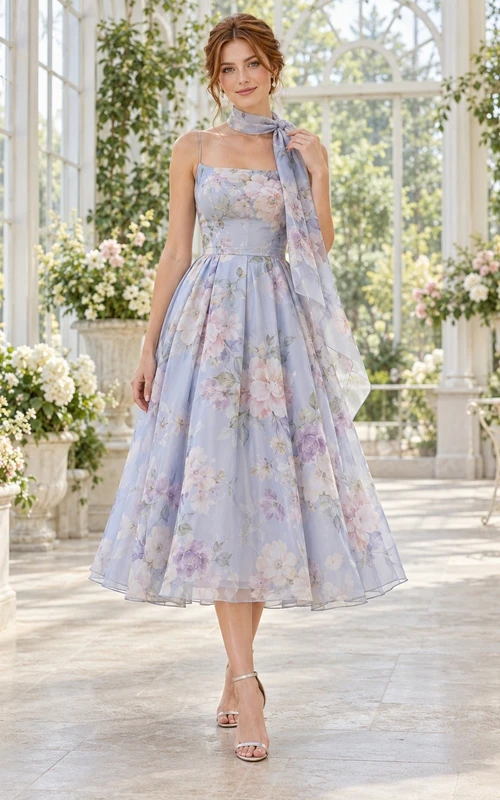 Vestido de fiesta de gasa azul claro con cuello tipo bufanda y estampado floral, sin mangas, largo hasta la rodilla, corte en A, para invitada de boda.