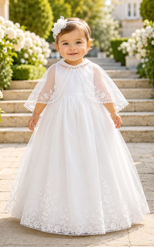 Vestido modesto para ceremonia de bautizo de bebé, corte A, largo hasta el suelo, cuello joya, manga corta, encaje de tul, capa desmontable, espalda abotonada.