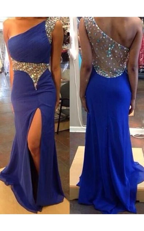Robe de soirée bleu roi sexy à une épaule, fendue et ornée de perles de cristal