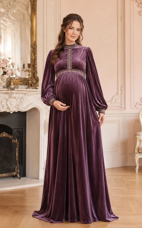 Vintage Plum High Neck Long Sleeve Empire Velvet Maternity Dress