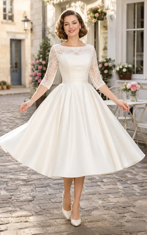 Vintage Bateau Long Sleeve A-Line Tea-length Bridal Wedding Dress