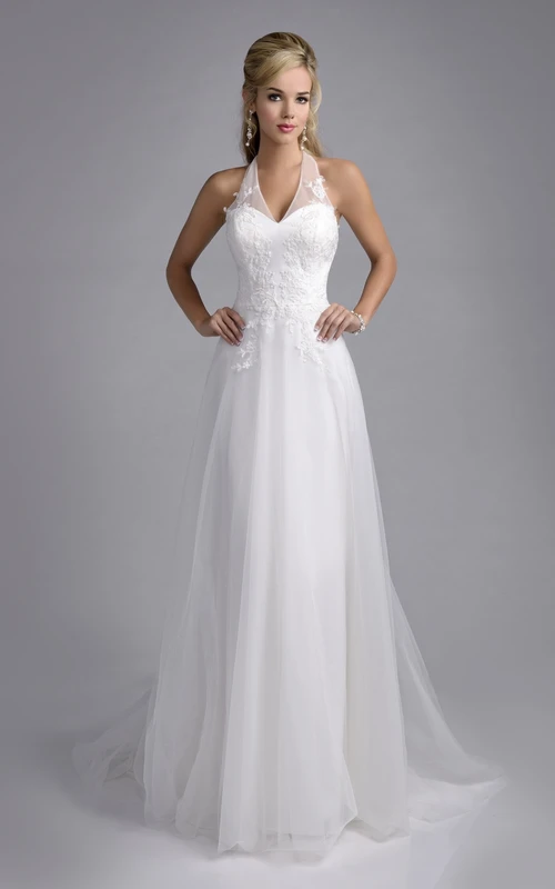 Neckholder-Brautkleid aus Tüll in A-Linie mit Spitzenapplikationen