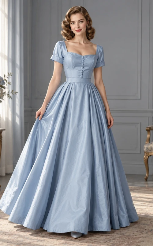 Robe de bal formelle en satin bleu ciel à manches courtes et col carré, années 1940