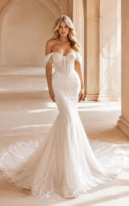 Robe de mariée sirène fluide en dentelle, épaules dénudées, manches courtes, traîne chapelle, applications florales, pour cérémonie.