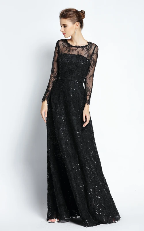 Vestido de fiesta largo de corte A, estilo barco, con encaje festoneado y mangas largas, adornado con lentejuelas.