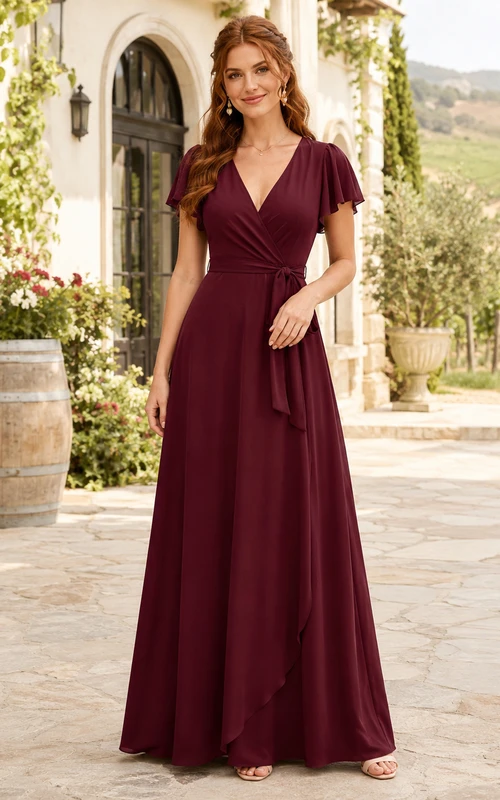 Burgundy Countryside Winery Wedding Guest Bridesmaid Evening Formal Dress A-Line Floor-Length V-Neck Short Sleeve Chiffon Zipper Back