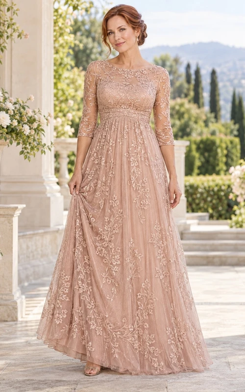 Vestido de tul con encaje floral, corte imperio, largo hasta el suelo, escote barco, mangas tres cuartos, color oro rosa, ideal para la madre de la novia.