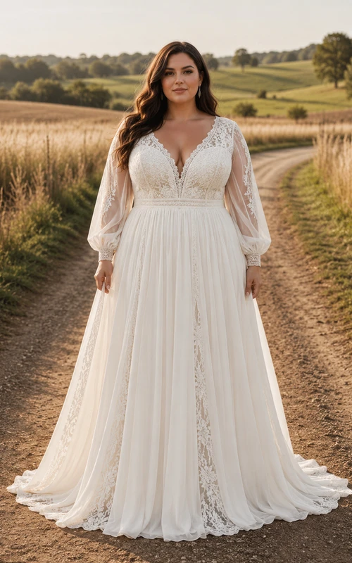 Brautkleid im Landhausstil aus Chiffon und Spitze, A-Linie, V-Ausschnitt, lange Ärmel, Schleppe, tiefer V-Ausschnitt am Rücken