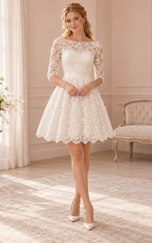 Short Bateau Neck Three Quarter Sleeve Lace A-Line Wedding Dress