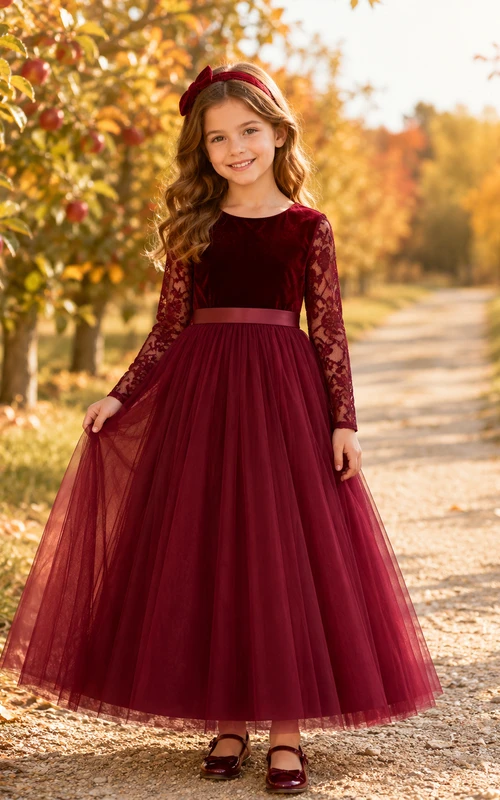 Robe de demoiselle d'honneur en velours bordeaux, dentelle et tulle à manches longues jusqu'aux chevilles