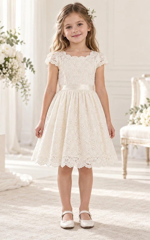 Vestido de niña de flores modesto, hasta la rodilla, color marfil, con estampado floral, corte en A, mangas cortas y encaje, con borde festoneado.