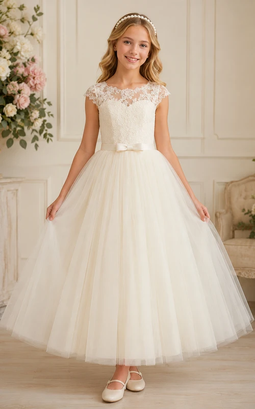 Lace Cap Sleeve Tulle Tea-Length A-Line Classic Formal Flower Girl Dress